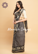 Load image into Gallery viewer, Mul Mul Pure Cotton Saree with Ikat Prints all over (GREY-BLACK COMBINATION)
