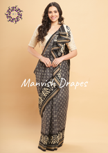 Load image into Gallery viewer, Mul Mul Pure Cotton Saree with Ikat Prints all over (GREY-BLACK COMBINATION)
