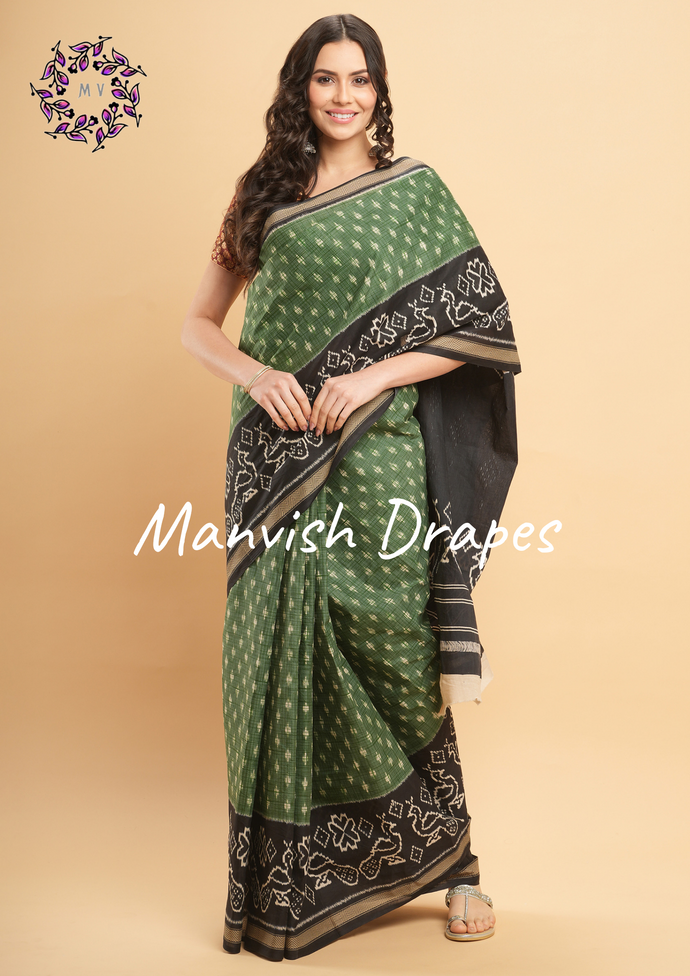Mul Mul Pure Cotton Saree with Ikat Prints all over (GREEN-BLACK COMBINATION)