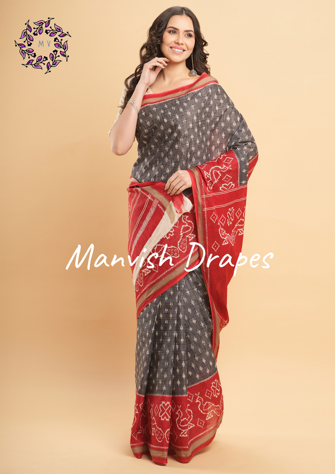 Mul Mul Pure Cotton Saree with Ikat Prints all over (GREY-RED COMBINATION-PEACOCK)