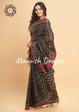 Load image into Gallery viewer, Mul Mul Pure Cotton Saree with Ikat Prints all over (BLACK PATOLA)
