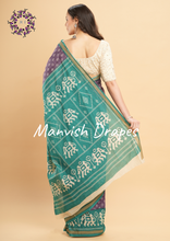 Load image into Gallery viewer, Mul Mul Pure Cotton Saree with Ikat Prints all over (LAVENDER-SEA GREEN COMBINATION)
