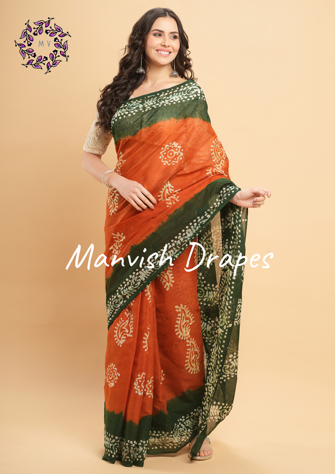 Mul Mul Pure Cotton Saree with Tie N Dye and Batiq Prints (ORANGE-GREEN COMBINATION)