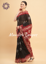 Load image into Gallery viewer, Mul Mul Pure Cotton Saree with Tie N Dye and Batiq Prints (BLACK-RED COMBINATION)
