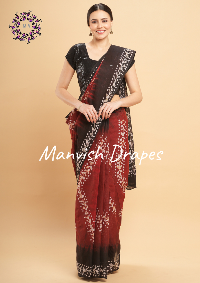 Mul Mul Pure Cotton Saree with Tie N Dye and Batiq Prints (RED-BLACK COMBINATION)