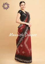 Load image into Gallery viewer, Mul Mul Pure Cotton Saree with Tie N Dye and Batiq Prints (RED-BLACK COMBINATION)
