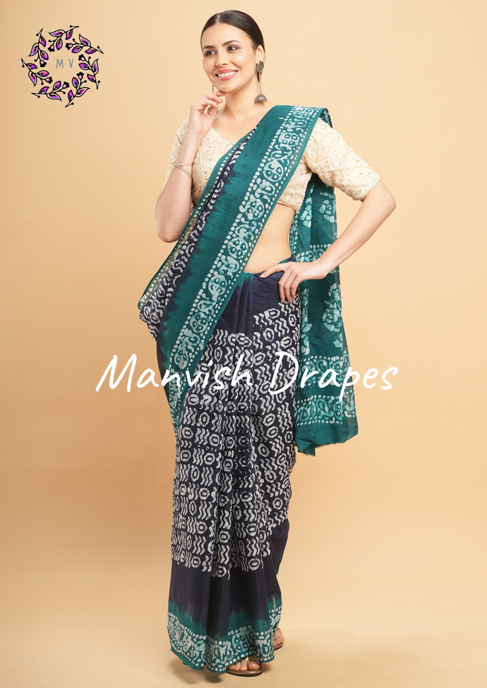 Mul Mul Pure Cotton Saree with Tie N Dye and Batiq Prints (NAVY BLUE-RAMA COMBINATION)