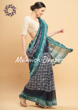 Load image into Gallery viewer, Mul Mul Pure Cotton Saree with Tie N Dye and Batiq Prints (NAVY BLUE-RAMA COMBINATION)
