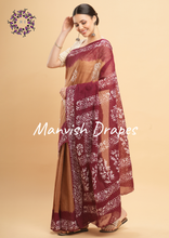 Load image into Gallery viewer, Mul Mul Pure Cotton Saree with Tie N Dye and Batiq Prints (COPPER-MAROON COMBINATION)
