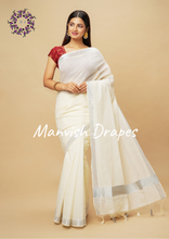 Load image into Gallery viewer, Plain Kerala Kasavu Pure Cotton Saree with Tassels (SILVER ZARI)
