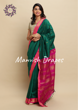 Load image into Gallery viewer, Gadwal Silk Cotton Sarees with Zari Buttas all over and Contrast Borders on both sides  (LEAF GREEN RANI COMBINATION)
