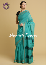 Load image into Gallery viewer, Kanchi Cotton Sarees with Buttas all over and Zari Tissue Borders on both sides  (SEA GREEN)
