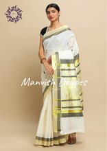 Load image into Gallery viewer, Kerala Kasavu Pure Cotton Saree with Buttas all over ,Woven Border and Woven Pallu(BLACK)
