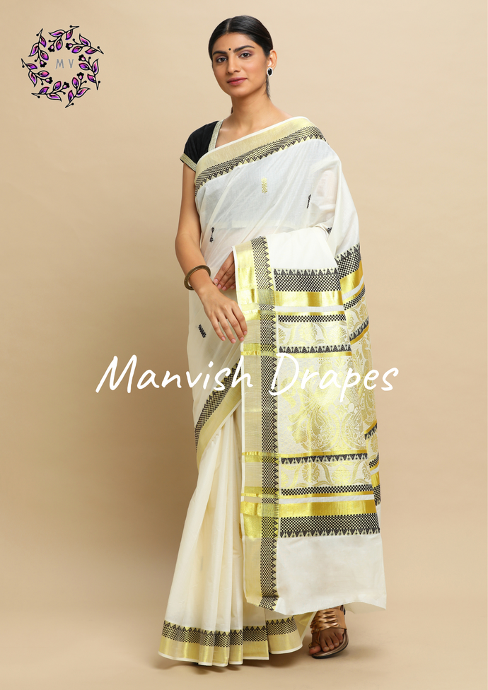 Kerala Kasavu Pure Cotton Saree with Buttas all over ,Woven Border and Woven Pallu(BLACK)