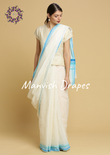 Load image into Gallery viewer, Plain Kerala Kasavu Pure Cotton Saree (BLUESTRIPES)
