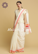 Load image into Gallery viewer, Plain Kerala Kasavu Pure Cotton Saree (TOMATO STRIPES)
