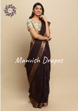 Load image into Gallery viewer, Kanchi Cotton Sarees with Buttas all over and Zari Tissue Borders on both sides  (COFFEE)
