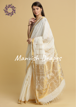 Load image into Gallery viewer, Kerala Kasavu Pure Cotton Saree with Buttas all over ,Tissue Border and Woven Pallu (DIAMOND PALLU)
