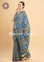 Load image into Gallery viewer, Mul Mul Pure Cotton Saree with Block Prints (BLUE)
