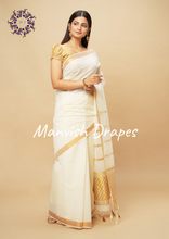 Load image into Gallery viewer, Kerala Kasavu Pure Cotton Saree with Zari Tissue Border and Zari Woven Pallu.
