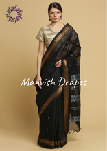 Load image into Gallery viewer, Kanchi Cotton Sarees with Buttas all over and Zari Tissue Borders on both sides  (BLACK)
