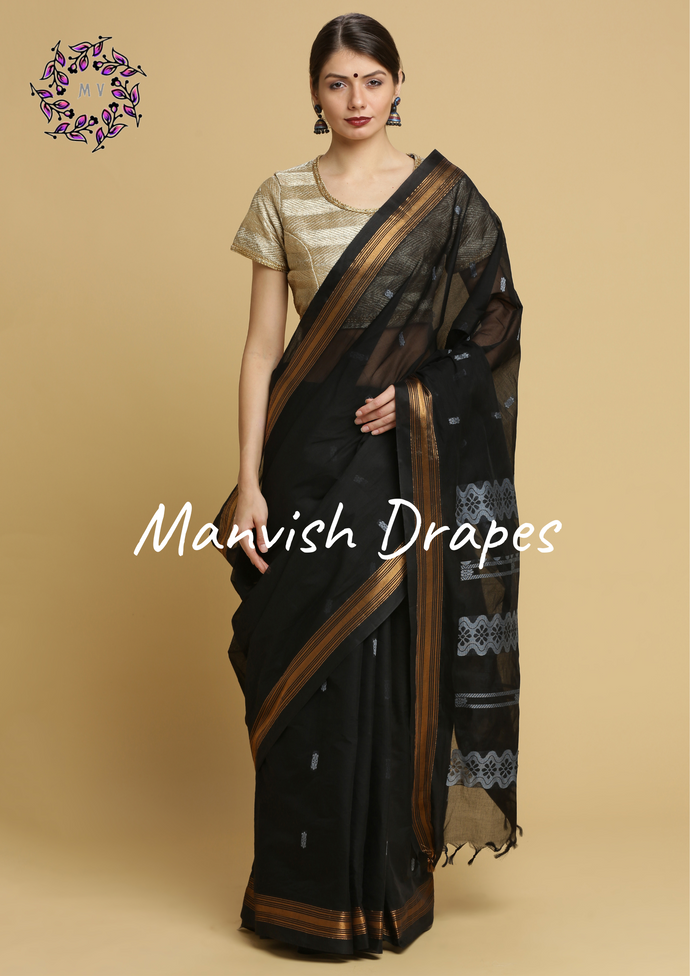 Kanchi Cotton Sarees with Buttas all over and Zari Tissue Borders on both sides  (BLACK)