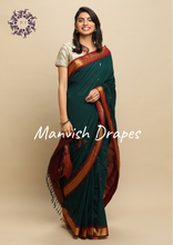 Load image into Gallery viewer, Gadwal Silk Cotton Sarees with Zari Buttas all over and Contrast Borders on both sides (BOTLE GREEN COMBINATION)
