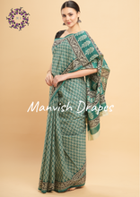 Load image into Gallery viewer, Mul Mul Pure Cotton Saree with Block Prints (GREEN)
