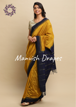 Load image into Gallery viewer, Gadwal Silk Cotton Sarees with Plain body all over and Contrast Temple Borders on both sides (MUSTARD NAVY BLUE COMBINATION)
