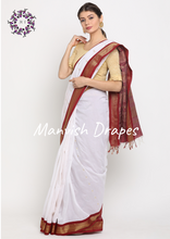 Load image into Gallery viewer, Gadwal Silk Cotton Sarees with Zari Buttas all over and Contrast Borders on both sides  (WHITE MAROON COMBINATION)
