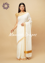Load image into Gallery viewer, Plain Kerala Kasavu Pure Cotton Saree with Tassels (GOLD ZARI)
