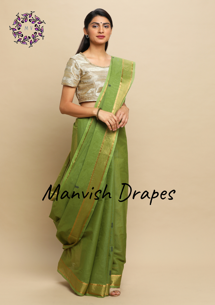 Kanchi Cotton Sarees with Buttas all over and Zari Tissue Borders on both sides  (CHUTNEY GREEN)