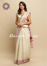 Load image into Gallery viewer, Plain Tissue Kerala Kasavu Pure Cotton Saree with Zari Tissue Border (PINK)
