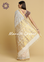 Load image into Gallery viewer, Kerala Kasavu Pure Cotton Saree with Buttas all over ,Tissue Border and Woven Pallu (DIAMOND PALLU)
