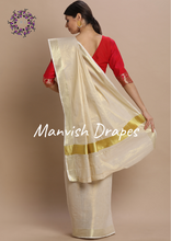 Load image into Gallery viewer, Plain Tissue Kerala Kasavu Pure Cotton Saree with Zari Tissue Border (GOLD ZARI)
