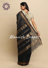 Load image into Gallery viewer, Kanchi Cotton Sarees with Buttas all over and Zari Tissue Borders on both sides  (BLACK WITH ZARI BUTTAS)
