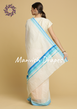 Load image into Gallery viewer, Plain Kerala Kasavu Pure Cotton Saree (BLUESTRIPES)
