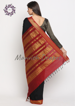 Load image into Gallery viewer, Gadwal Silk Cotton Sarees with Plain body all over and Contrast Borders on both sides (BLACK MAROON COMBINATION)

