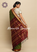 Load image into Gallery viewer, Gadwal Silk Cotton Sarees with Zari Buttas all over and Contrast Borders on both sides  (CHUTNEY GREEN MAROON COMBINATION)
