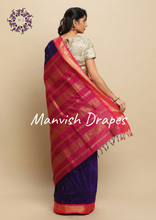 Load image into Gallery viewer, Gadwal Silk Cotton Sarees with Zari Buttas all over and Contrast Borders on both sides (VIOLET RANI COMBINATION)
