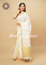 Load image into Gallery viewer, Kerala Kasavu Pure Cotton Saree with Zari Tissue Border and Zari Woven Pallu.

