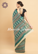 Load image into Gallery viewer, Mul Mul Pure Cotton Saree with Block Prints (GREEN)
