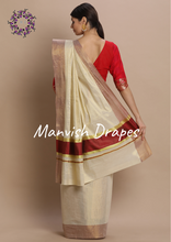 Load image into Gallery viewer, Plain Tissue Kerala Kasavu Pure Cotton Saree with Zari Tissue Border (MAROON)
