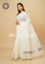 Load image into Gallery viewer, Plain Kerala Kasavu Pure Cotton Saree with Tassels (SILVER ZARI)
