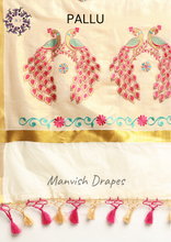 Load image into Gallery viewer, Kerala Kasavu Pure Cotton Saree with Peacock Embroidery (SEA GREEN-PINK COMBINATION)
