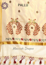 Load image into Gallery viewer, Kerala Kasavu Pure Cotton Saree with Peacock Embroidery (BOTTLE GREEN-MAROON COMBINATION)
