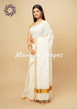 Load image into Gallery viewer, Plain Kerala Kasavu Pure Cotton Saree with Tassels (GOLD ZARI)
