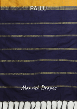 Load image into Gallery viewer, Gadwal Silk Cotton Sarees with Plain body all over and Contrast Temple Borders on both sides (MUSTARD NAVY BLUE COMBINATION)
