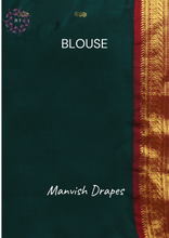 Load image into Gallery viewer, Gadwal Silk Cotton Sarees with Zari Buttas all over and Contrast Borders on both sides (BOTLE GREEN COMBINATION)
