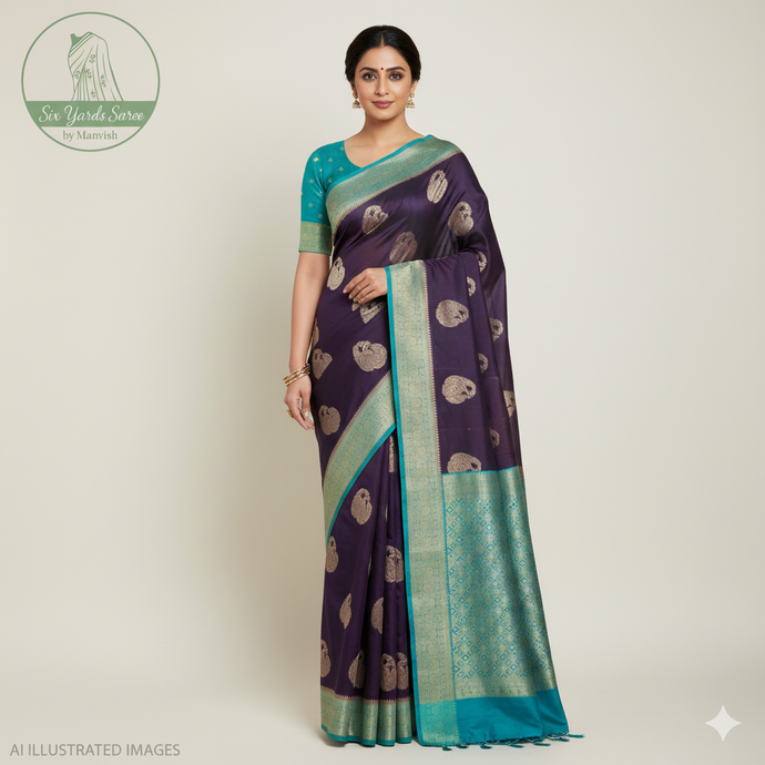 Banaras Georgette Saree with Paisley Buttis all over with Contrast Border,Pallu and Blouse- Jamoon